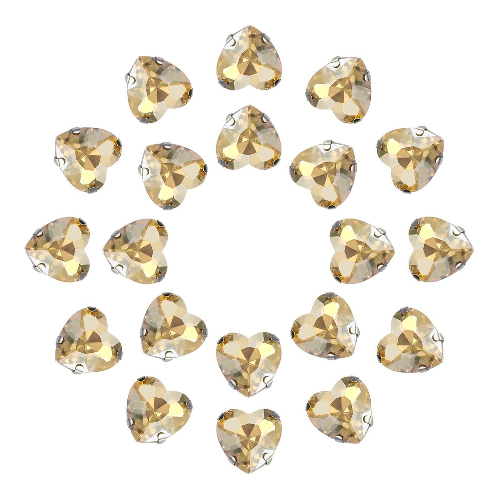 uxcell 20Pcs Heart Sew on Rhinestone, 12x12mm Heart Crystal Glass Rhinestones Metal Flat Back Gems with Silver Prongs Setting for Crafts, DIY Jewelry, Clothes (Golden Champagne)