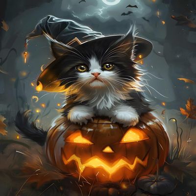 IMLQJES 5D Halloween Diamond Painting Kit for Adults - Forest Cat Pumpkin - DIY Diamond Round Diamond Art Kit - Halloween for Home Wall Decor 16x20 Inch