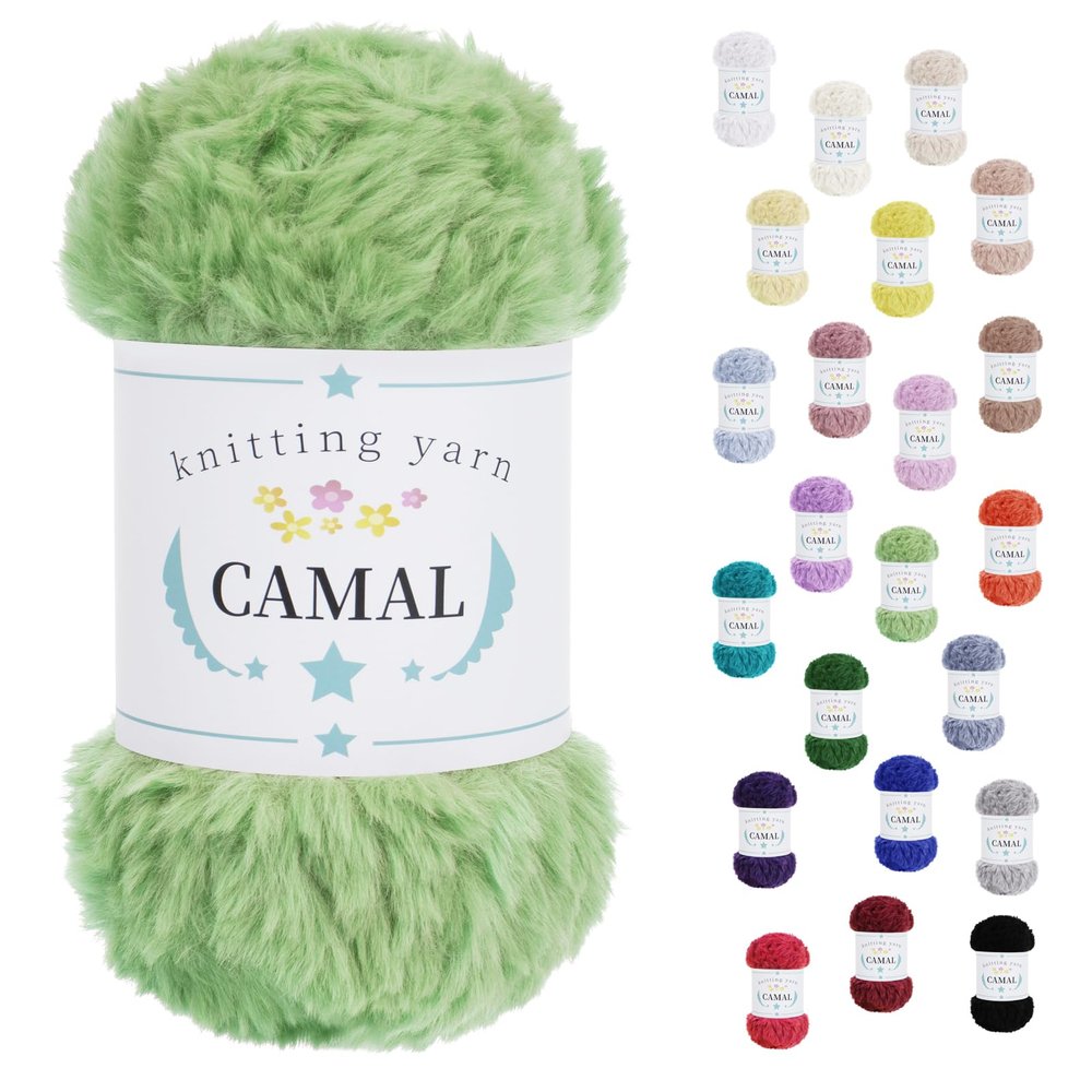 CAMAL Soft Faux Fur Yarn for Crocheting Blanket, 65 Yards Chunky Eyelash Yarn for Knitting Hats, 100 Grams Fuzzy Velvet Crochet Thread for Dolls, Earmuffs, Bags (Light Green)