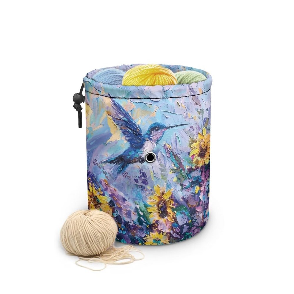 Sellikakes Hummingbird Sunflower Oil Painting Small Yarn Storage Bag, Mini Knitting Bag Drum Case for Carry Yarn Balls, Crochet Kits, Knitting Supplies and Sewing Accessories