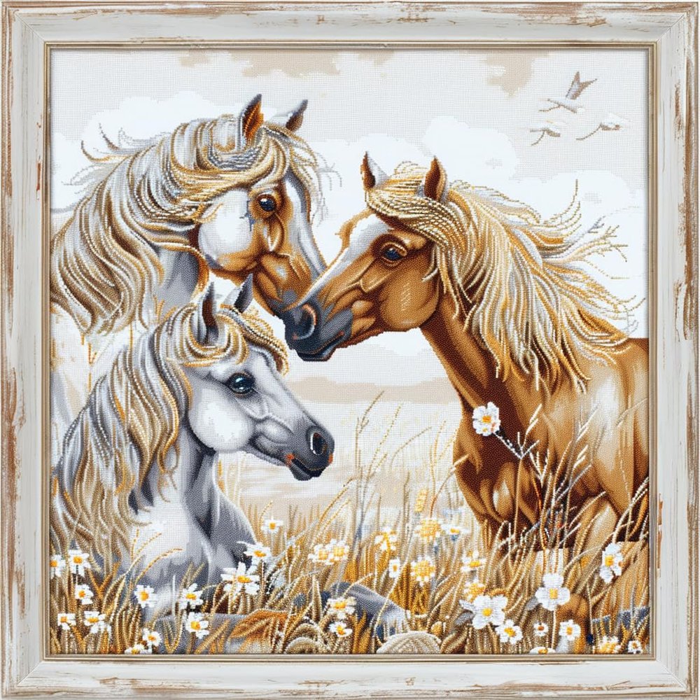 Two Horses Playing DIY 11CT Stamped Cross Stitch Kits for Beginners Easy Needlepoint Embroidery Counted Cross Stitch Art Craft for Wall Decoration 20x20inch(6)