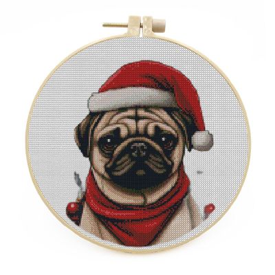 DIY Stamped Cross Stitch Kits with Hoop for Beginners Christmas Pug Dog Easy 11CT Needlepoint Embroidery Counted Cross Stitch Kits Art Craft Wall Decoration and Gift 38x38cm(1)