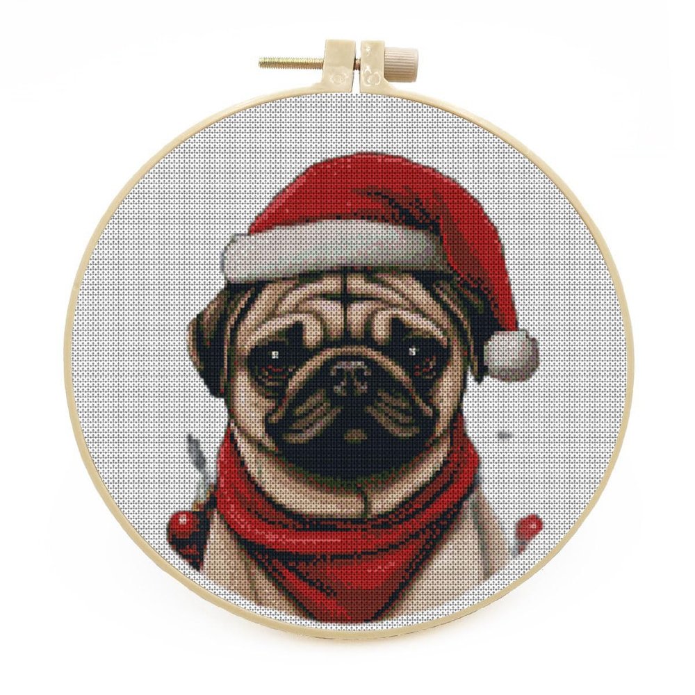 DIY Stamped Cross Stitch Kits with Hoop for Beginners Christmas Pug Dog Easy 11CT Needlepoint Embroidery Counted Cross Stitch Kits Art Craft Wall Decoration and Gift 38x38cm(1)