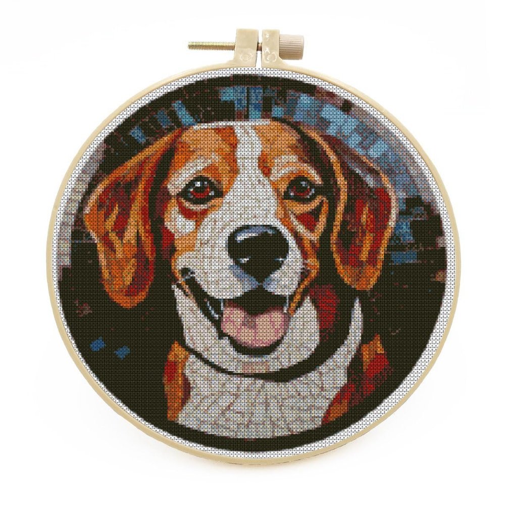 NineTribe Basics DIY Stamped Cross Stitch Kits with Hoop Stained Glass Jack Russell Terrier for Beginners Easy 11CT Needlepoint Embroidery Counted Cross Stitch Kits Art Craft Wall Decoration and Gift 38x38cm