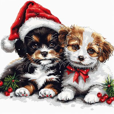 Cute Cat and Dog in Christmas Hats DIY 11CT Stamped Cross Stitch Kits for Beginners Easy Needlepoint Embroidery Counted Cross Stitch Art Craft for Wall Decoration 20x20inch(5)