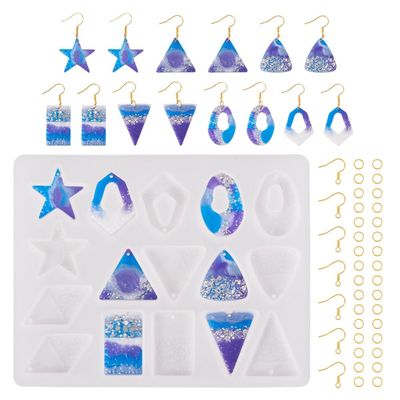KISSITTY 1Pcs Star Triangle Rhombus Rectangle Pendant Silicone Mold with 100Pcs Iron Earring Hooks 100Pcs Iron Jump Rings Earring Resin Mold Kit for DIY Earring