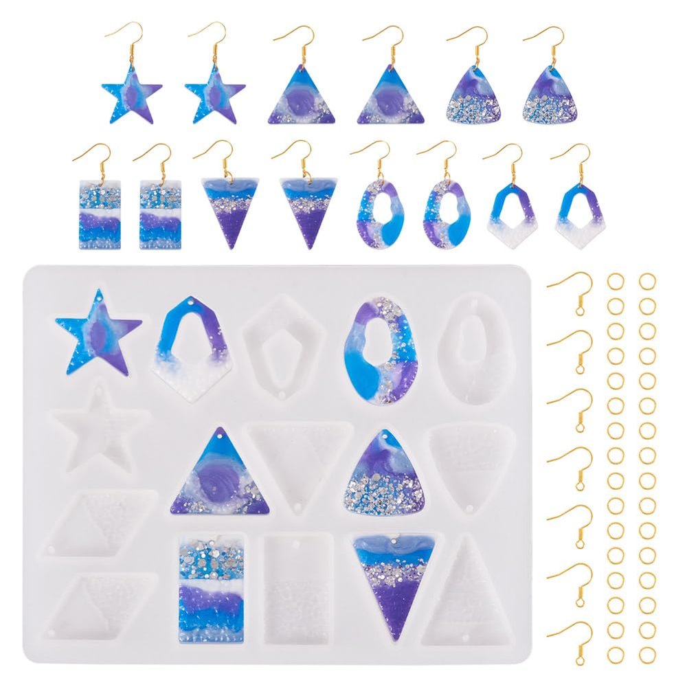 KISSITTY 1Pcs Star Triangle Rhombus Rectangle Pendant Silicone Mold with 100Pcs Iron Earring Hooks 100Pcs Iron Jump Rings Earring Resin Mold Kit for DIY Earring