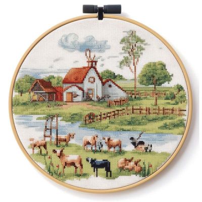 Village Farm Cross Stitch Kits with Hoop Easy Pattern Stamped Cross-Stitch Supplies Needlework DIY 11CT 3 Strands Cotton Thread Printed DIY Needlepoint Kits 3535cm (sn127)
