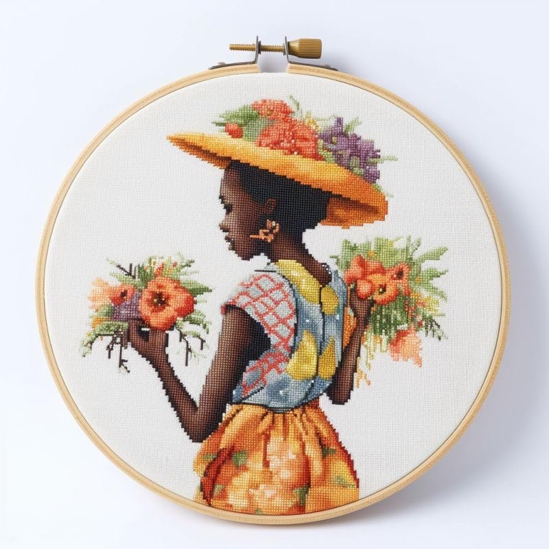 Black Kids Art Cross Stitch Kits with Hoop Easy Pattern Stamped Cross-Stitch Supplies Needlework DIY 11CT 3 Strands Cotton Thread Printed DIY Needlepoint Kits 3535cm (sn47)