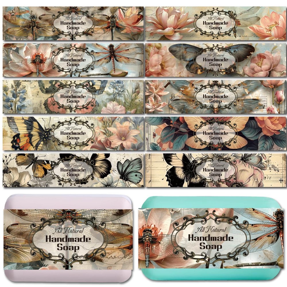 CREATCABIN 100 Pcs Butterfly Soap Paper Wrapper 10 Styles Retro Flowers Vertical Soap Wrap Tape Sleeves Covers with Tectorial Membrane Packaging Supplies for Handmade Soap Bar Store 1.9x8.2 Inch