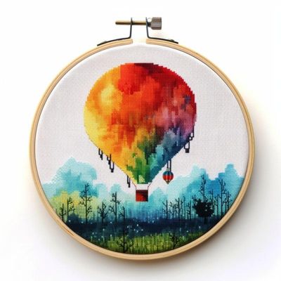 NineTribe Basics Hot Air Balloon Cross Stitch Kits with Hoop Easy Pattern Stamped Cross-Stitch Supplies Needlework DIY 11CT 3 Strands Cotton Thread Printed DIY Needlepoint Kits 3535cm (an80), FIF-YPCIHOOP80