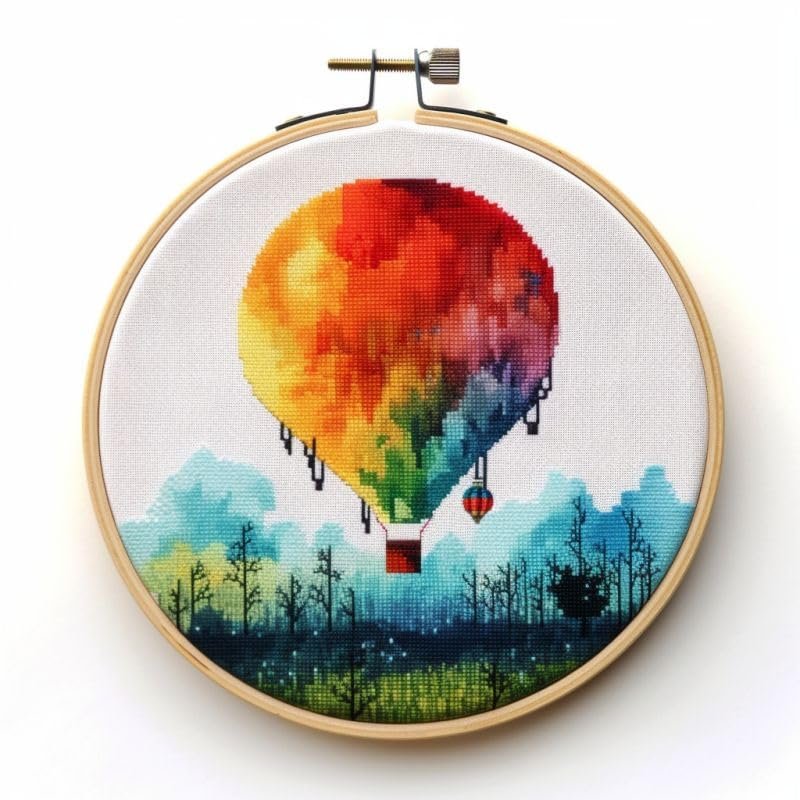 NineTribe Basics Hot Air Balloon Cross Stitch Kits with Hoop Easy Pattern Stamped Cross-Stitch Supplies Needlework DIY 11CT 3 Strands Cotton Thread Printed DIY Needlepoint Kits 3535cm (an80), FIF-YPCIHOOP80