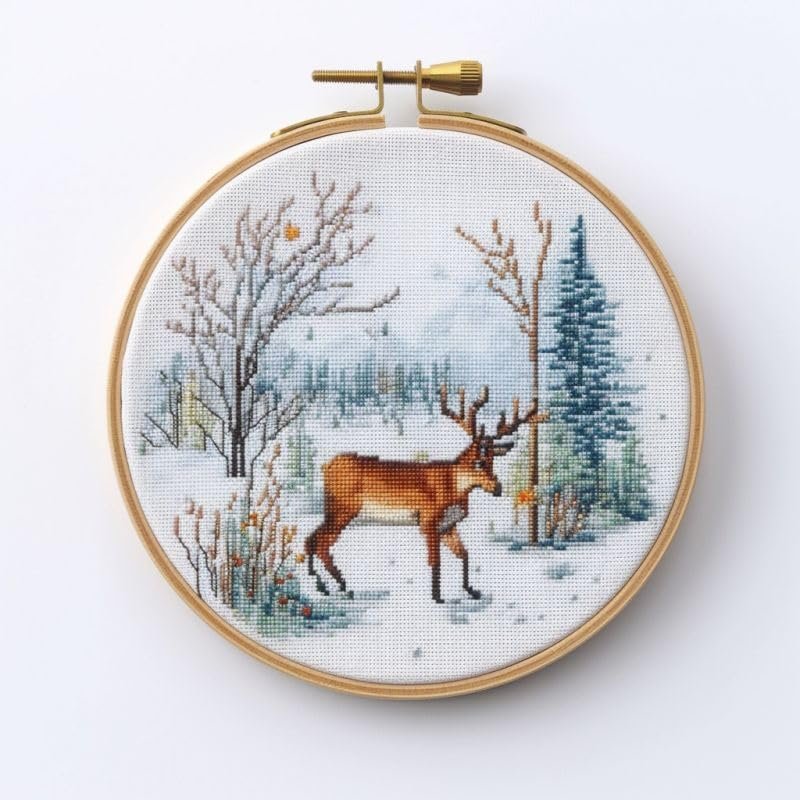 NineTribe Basics Deer in Snow Cross Stitch Kits with Hoop Easy Pattern Stamped Cross-Stitch Supplies Needlework DIY 11CT 3 Strands Cotton Thread Printed DIY Needlepoint Kits 3535cm (an99), FIF-YPCIHOOP99