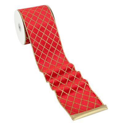 MAYREEL 4 Inch Red and Gold Velvet Wired Ribbon Metallic Diamond Glitter Grid for Christmas Gift Wrapping Floral Craft Bows Wreaths Garland Holiday Decor 10 Yards