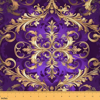 Erosebridal Damask Flannel Fabric by The Yard - Vintage Aztec Flowers Upholstery,Exotic Bohemian Indoor Not Stretchy,Fashion Victorian Baroque Decorative - Gold Purple,3 Yards