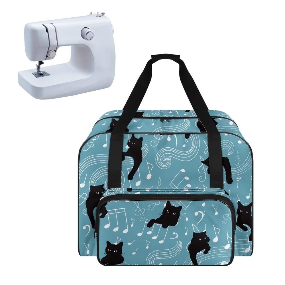 Kathyboom Black Cat Note Sewing Machine Carrying Case for Most Standard Sewing Machine, Portable Travel Tote Bag with Compartments and Pockets for Sewing Supplies