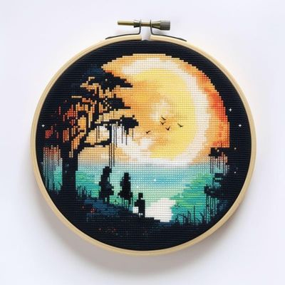 Sunset Couple Cross Stitch Kits with Hoop Easy Pattern Stamped Cross-Stitch Supplies Needlework DIY 11CT 3 Strands Cotton Thread Printed DIY Needlepoint Kits 3535cm (ag198)