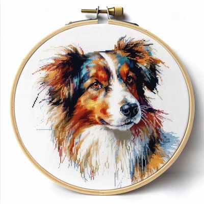 Australian Shepherd Cross Stitch Kits with Hoop Easy Pattern Stamped Cross-Stitch Supplies Needlework DIY 11CT 3 Strands Cotton Thread Printed DIY Needlepoint Kits 3535cm (ag49)