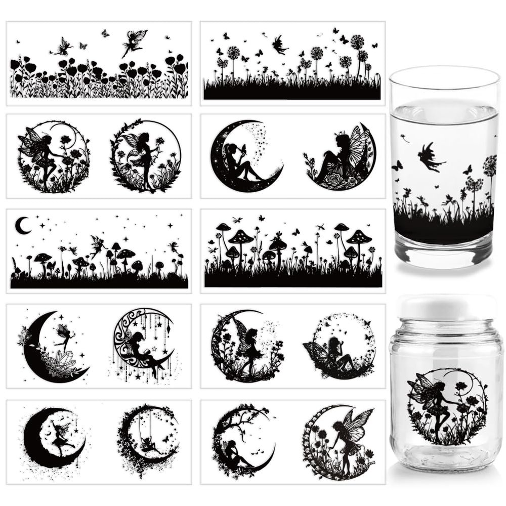 arricraft 10 Sheets UV DTF Cup Wrap Transfer Stickers, 10 Styles 9.45x4.33 Inchs Fairy Garden Butterfly Mushrooms Rub on Transfers Decal for 16OZ Glass Cups Furniture Craft Wood DIY Crafts
