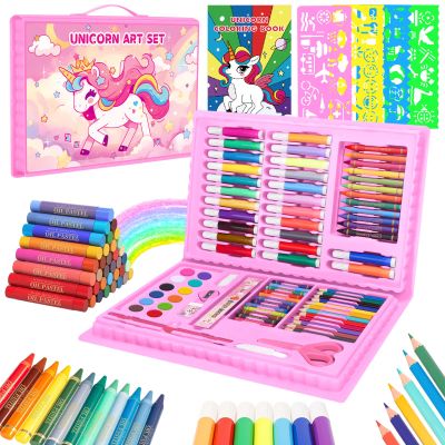 homicozy Art Supplies, Unicorn Drawing & Coloring Set with Crayons, Colored Pencils, Markers, Sketchbook, Watercolor Cakes, Stencils, Arts and Crafts Painting Kit for Kids Ages 4-10, Girls Boys Gift