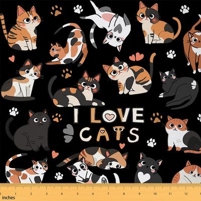 Feelyou Cat Fabric by The Yard for Kids Boys Girls Cats Print Decorative 3 Yards Cartoon Upholstery Fabric for Chairs Cute Kitten Fabric for Home DIY Projects Animal,Black Soft Flannel