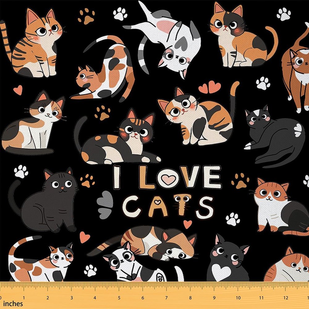Feelyou Cat Fabric by The Yard for Kids Boys Girls Cats Print Decorative 3 Yards Cartoon Upholstery Fabric for Chairs Cute Kitten Fabric for Home DIY Projects Animal,Black Soft Flannel