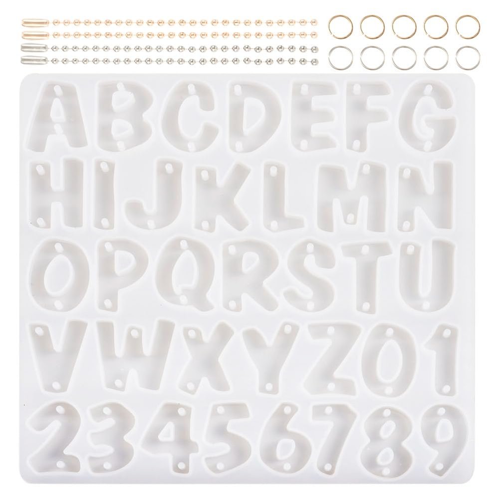 KISSITTY 1Pcs Letter Number Silicone Mold with 40Pcs Iron Ball Chains with Connector 80Pcs Iron Jump Rings Number Alphabet Resin Casting Mold for DIY Key Chain Jewelry Making