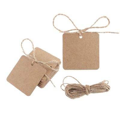 caralin 100pcs Blank Square Kraft Paper Gift Hang s Wedding Label Card Crafts Jute Twine + Kraft Paper, As Pic Shows, Brown