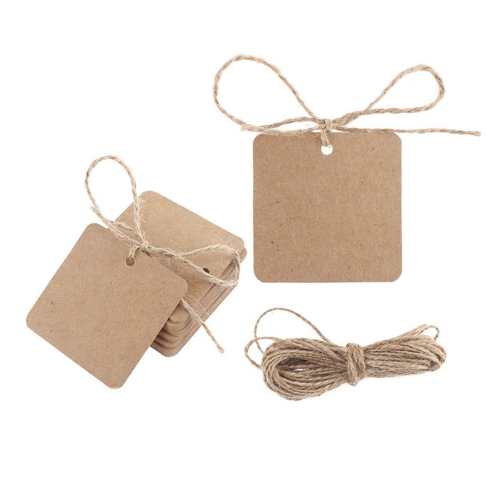 caralin 100pcs Blank Square Kraft Paper Gift Hang s Wedding Label Card Crafts Jute Twine + Kraft Paper, As Pic Shows, Brown