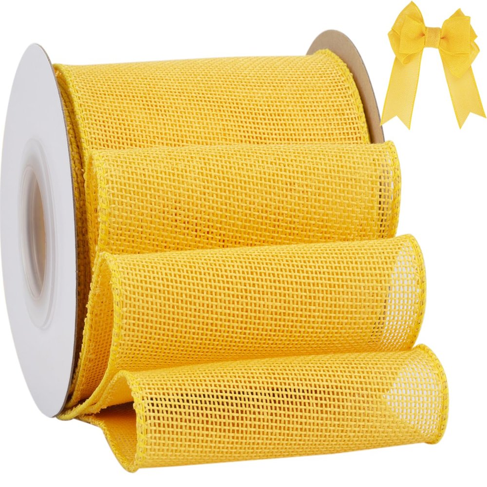 Tekdeere Burlap Ribbon 4 Inch x 10 Yard, Yellow Wired Ribbon for Crafts, Gift Wrapping, Wreaths, Bows, Tree Decoration and Outdoor Decoration