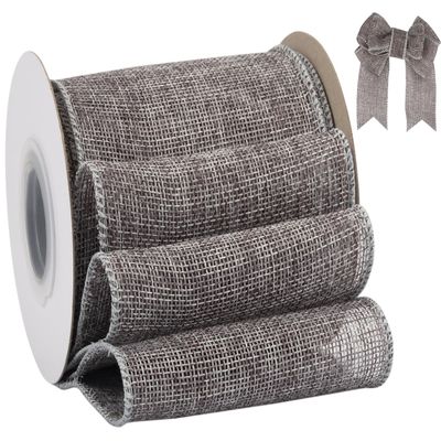 Tekdeere Burlap Ribbon 4 Inch x 10 Yard, Gray Wired Ribbon for Crafts, Gift Wrapping, Wreaths, Bows, Tree Decoration and Outdoor Decoration