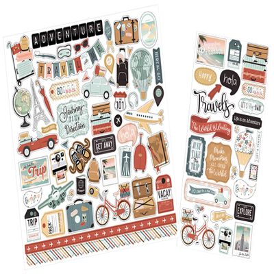 Travel Stickers for Scrapbooking - Cute Travel Scrapbook Stickers Sheets with Luggage, Suitcase, Phrases, Vacation Design - Traveling Journal Embellishments for Photo Album, Planner - 2 Items Set