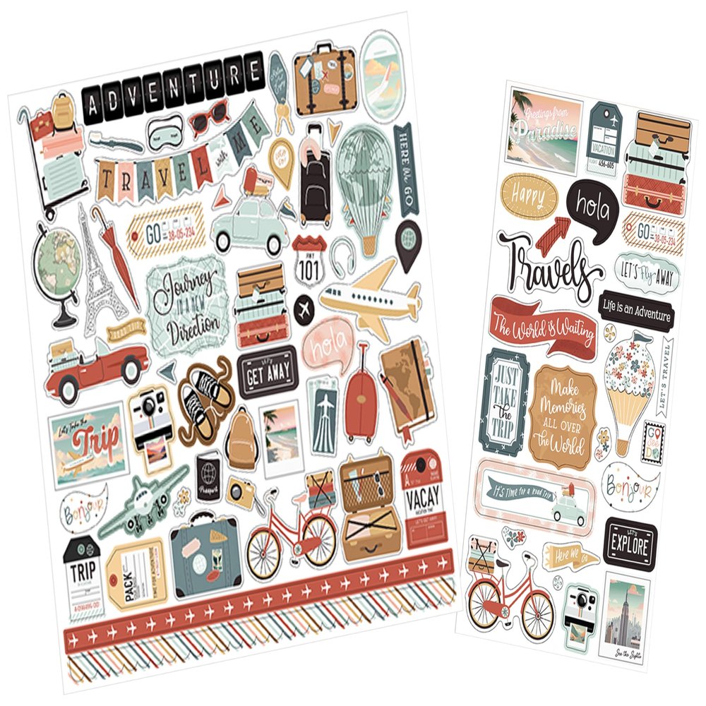 Travel Stickers for Scrapbooking - Cute Travel Scrapbook Stickers Sheets with Luggage, Suitcase, Phrases, Vacation Design - Traveling Journal Embellishments for Photo Album, Planner - 2 Items Set