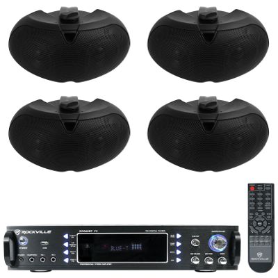 Rockville D4-16 Bundle: (4) 4 in 200W Peak / 50W RMS Black Swivel Outdoor Home Patio Speakers, RPA60BT V2 1000W 2-Channel USB Bluetooth DJ Karaoke Amplifier Mixer, for Indoor Outdoor Sound, 5-Items