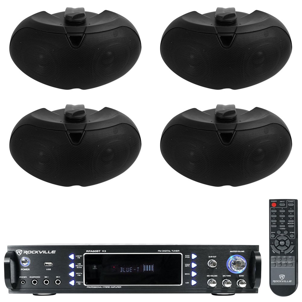 Rockville D4-16 Bundle: (4) 4 in 200W Peak / 50W RMS Black Swivel Outdoor Home Patio Speakers, RPA60BT V2 1000W 2-Channel USB Bluetooth DJ Karaoke Amplifier Mixer, for Indoor Outdoor Sound, 5-Items