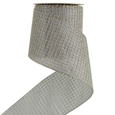 HUIHUANG Champagne Glitter Wired Ribbon 4 inch for Christmas Tree, Champagne and Blue Square Mesh Wired Ribbon for Large Bows, Garlands, Wreaths, Swag, Gift Wrapping, Home Decor- 10 Yards