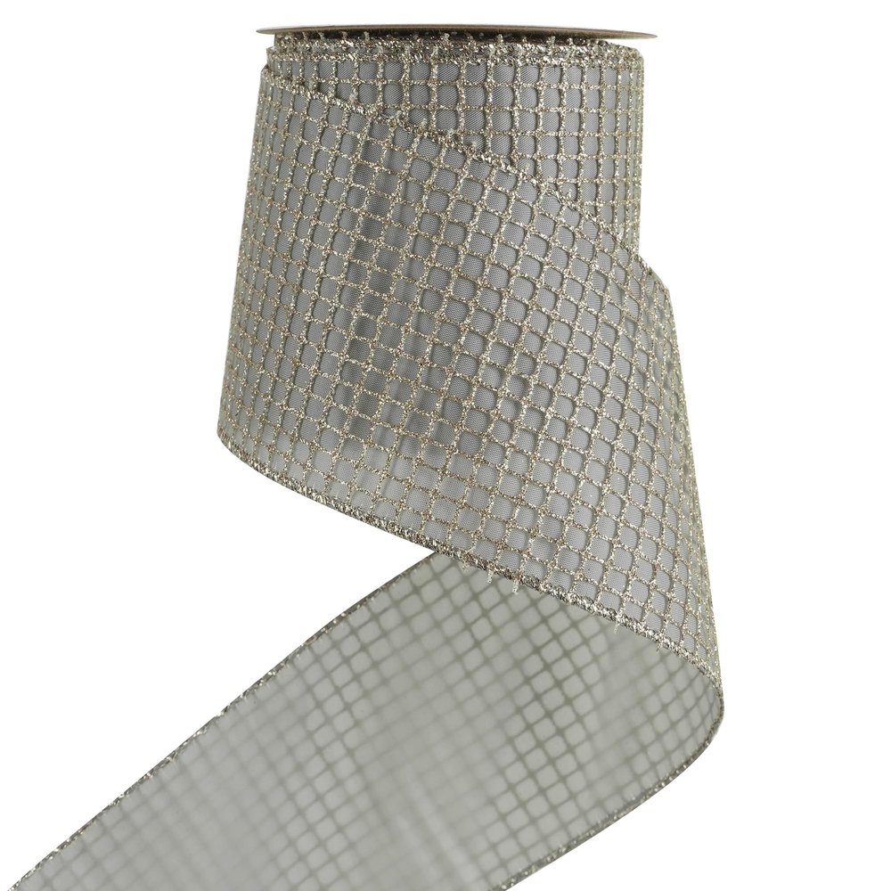 HUIHUANG Champagne Glitter Wired Ribbon 4 inch for Christmas Tree, Champagne and Blue Square Mesh Wired Ribbon for Large Bows, Garlands, Wreaths, Swag, Gift Wrapping, Home Decor- 10 Yards