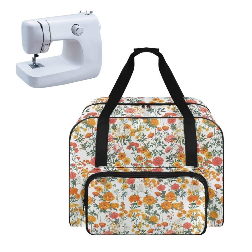 Psesaysky Floral Flowers Sewing Box Storage Bag with Pockets Sewing Machine Tote Bag with Hand Strap, Portable Sewing Machine Case Storage Organization Carrying Bag for Accessories