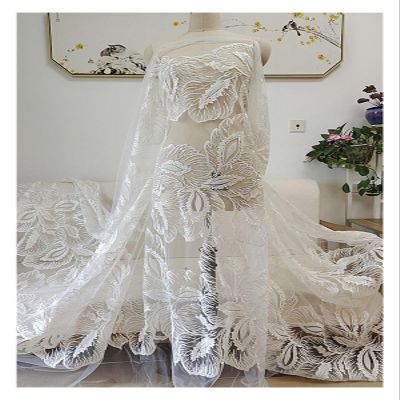 HFYIGO 1 Yard White Leaves Beading Lace Fabric Wedding Dress Cheongsam Embroidery Door Curtain Tablecloth DIY