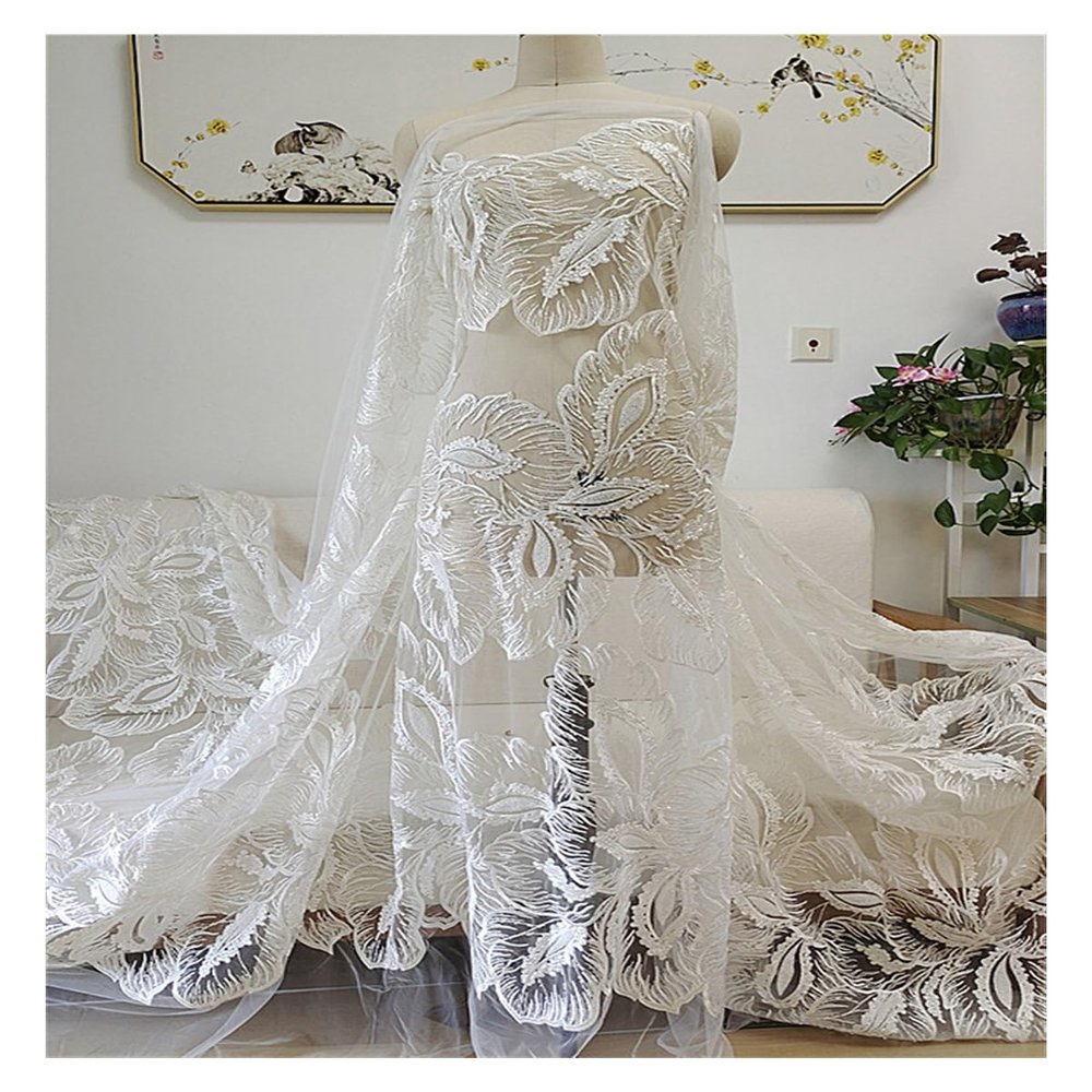 HFYIGO 1 Yard White Leaves Beading Lace Fabric Wedding Dress Cheongsam Embroidery Door Curtain Tablecloth DIY
