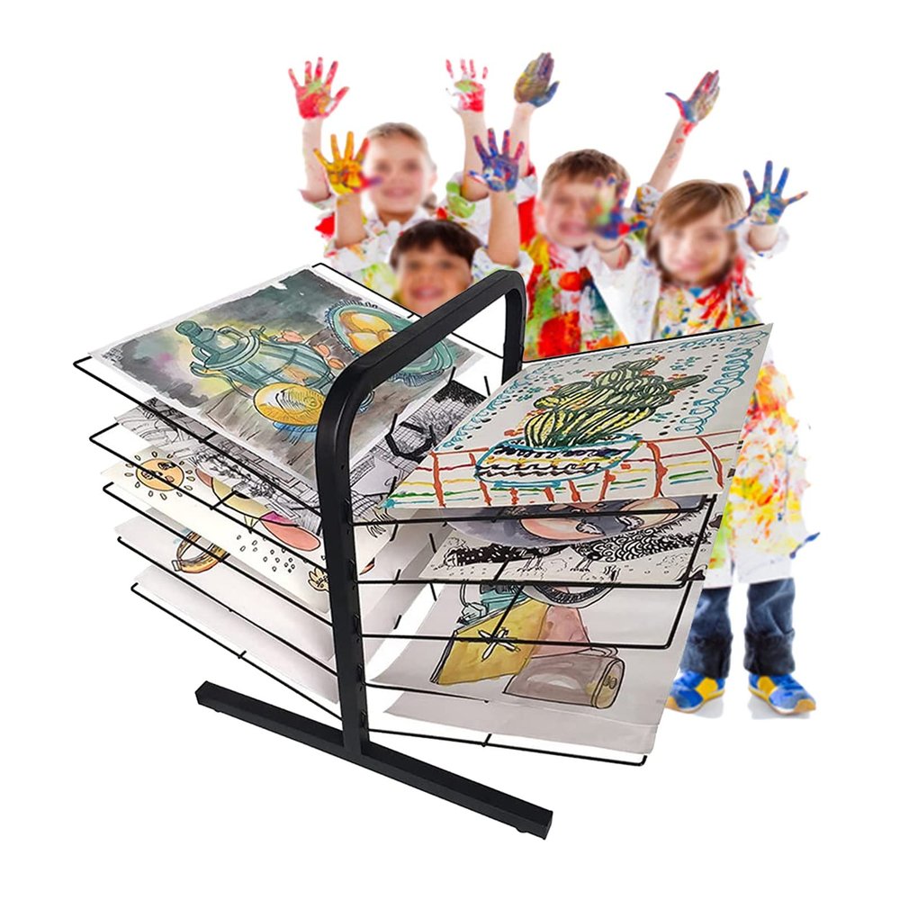SGeneE Drying Rack for Art, Sturdy Metal Art Rack That Works As a Wall Mount or Tabletop Stand, Perfect for Classrooms 10,Tier Foldable Easel,