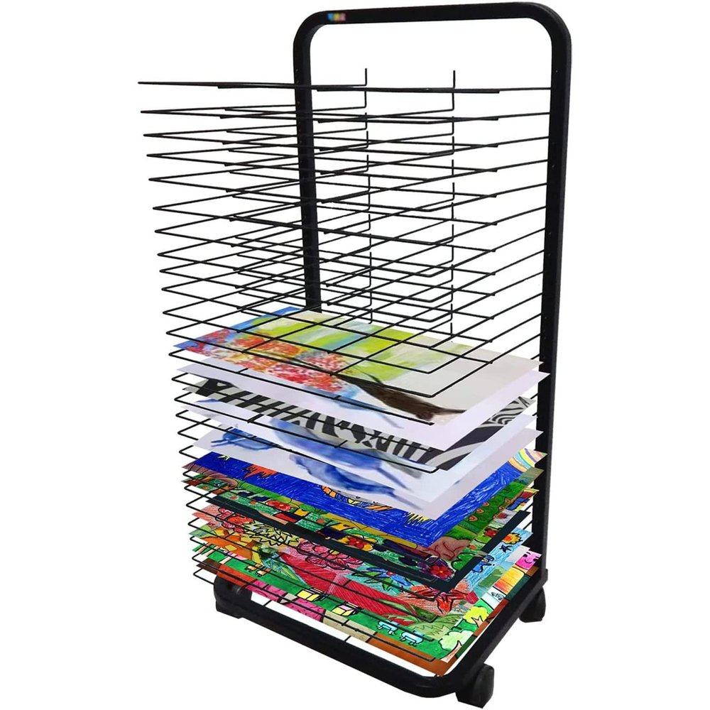 SGeneE Art Drying Rack Classrooms Mobile Paint Drying Rack Metal Artwork Storage Display Rack with Wheels for Kids, Artists, Ideal for Schools and Art Clubs, Steel, Black,35 Shelves