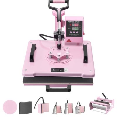 VEVOR 8 in 1 Heat Press Machine Combo with 30 OZ Tumbler Press & Hat Press 12x15 inch Heat Press for T-Shirts, Hats Caps Tumblers Glass Cans Mugs, and Plates (Pink)