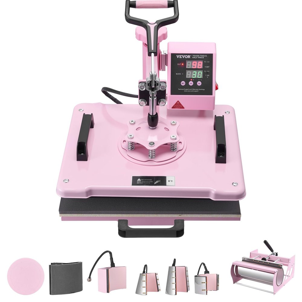 VEVOR 8 in 1 Heat Press Machine Combo with 30 OZ Tumbler Press & Hat Press 12x15 inch Heat Press for T-Shirts, Hats Caps Tumblers Glass Cans Mugs, and Plates (Pink)