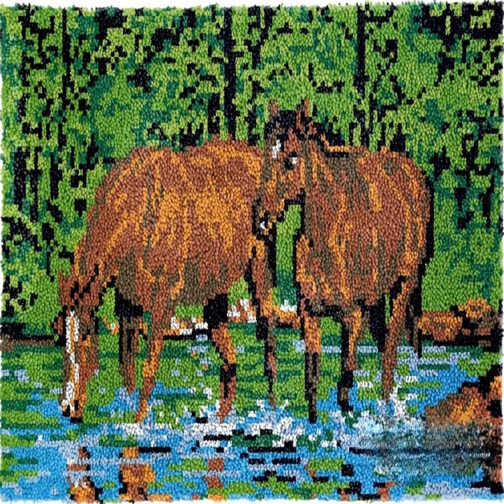 Forest Horses Latch Hooking Rug Kit - All-inclusive Horse Rug Making Kit (60x40cm Printed Canvas)