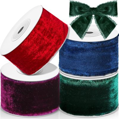 Preboun 4 Rolls Christmas Velvet Ribbon Total 24 yd Christmas Decorations Gift Wrapping Fringe Ribbon Raw Edge Frayed DIY Party Decor(1.5 Inch,Vintage Color)