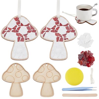 WEBEEDY 2 Pcs Mushroom Mosaic Kit DIY Mosaic Ornament Kit Cute Mosaic Coaster Making Set,Glass Mosaic Tiles with Wooden Base for Adult Beginner,Handmade Gift for Housewarming Birthday Christmas