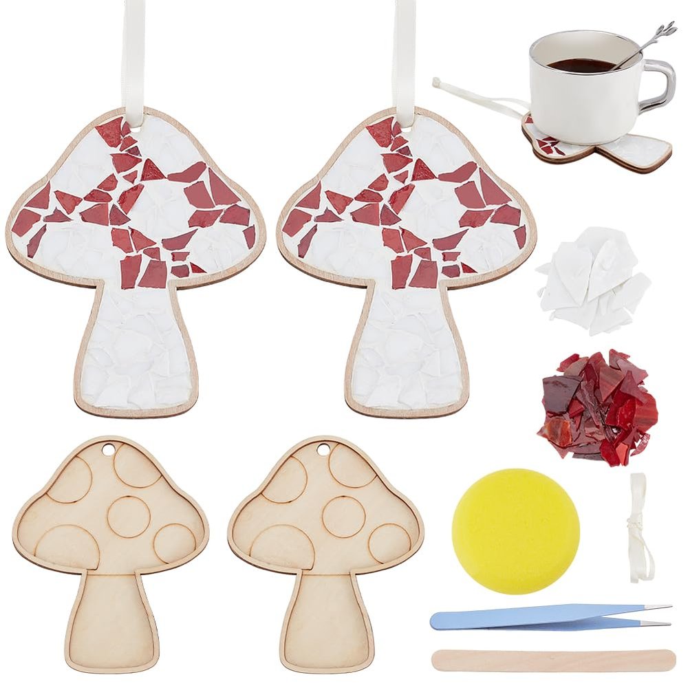 WEBEEDY 2 Pcs Mushroom Mosaic Kit DIY Mosaic Ornament Kit Cute Mosaic Coaster Making Set,Glass Mosaic Tiles with Wooden Base for Adult Beginner,Handmade Gift for Housewarming Birthday Christmas