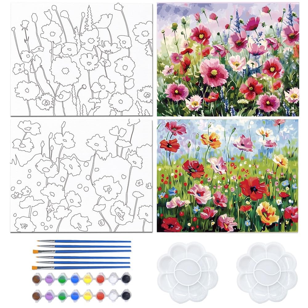 WEBEEDY Printed Canvas Paint Art Set Summer Flower Pre Drawn Canvas 8x10 Inch Pre Sketched Framed Canvases Set for Adults Date Night Sip and Paint Party Birthday Gift,2 Pack 20x25cm(Plant)