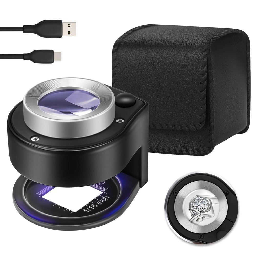 45X Jewelry Magnifier with 6 Light, Rechargeable Desktop Portable Coin Magnifier Sewing Magnifing Glass for Textile Optical Jewelry Tool Coins Currency Black